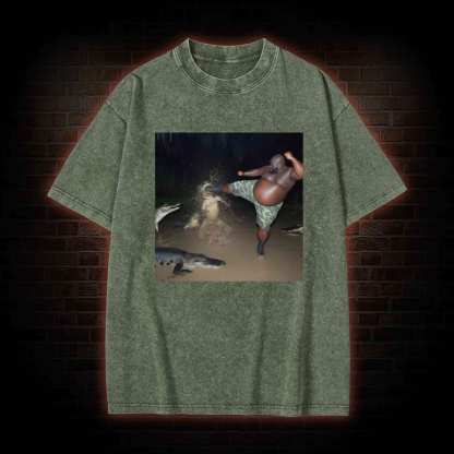 Black Guy Kick Alligator in Swamp Washed T-shirt