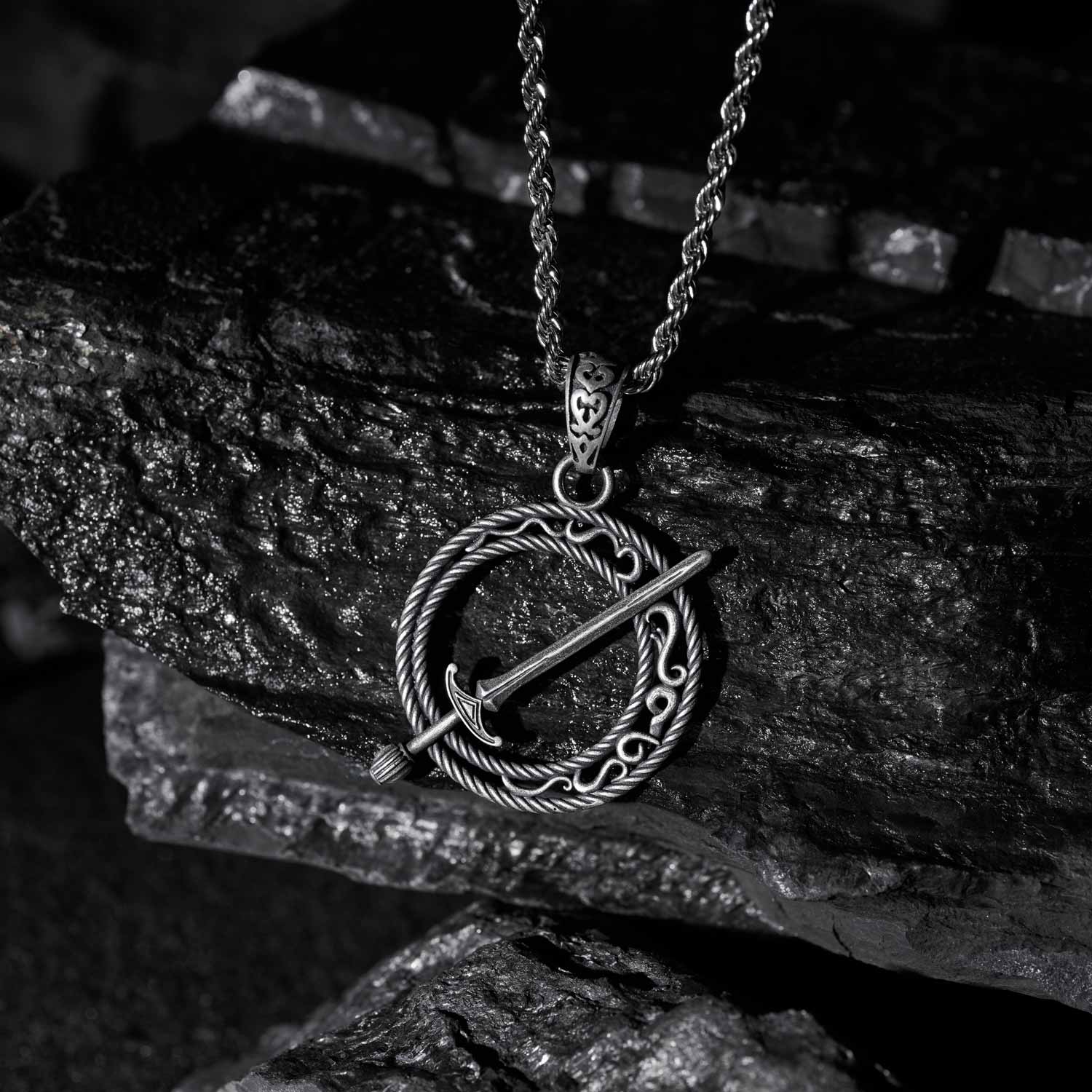 Silver Moon and Sword Sculptural Necklace