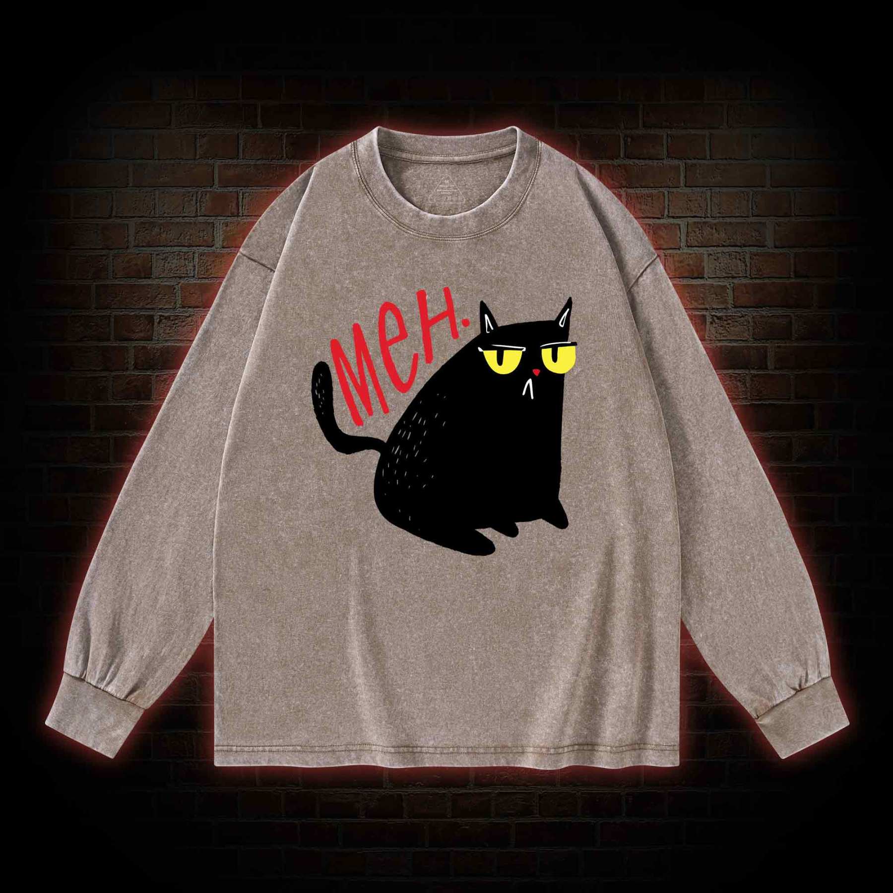 Meh Black Cat Washed Long-Sleeve T-shirt
