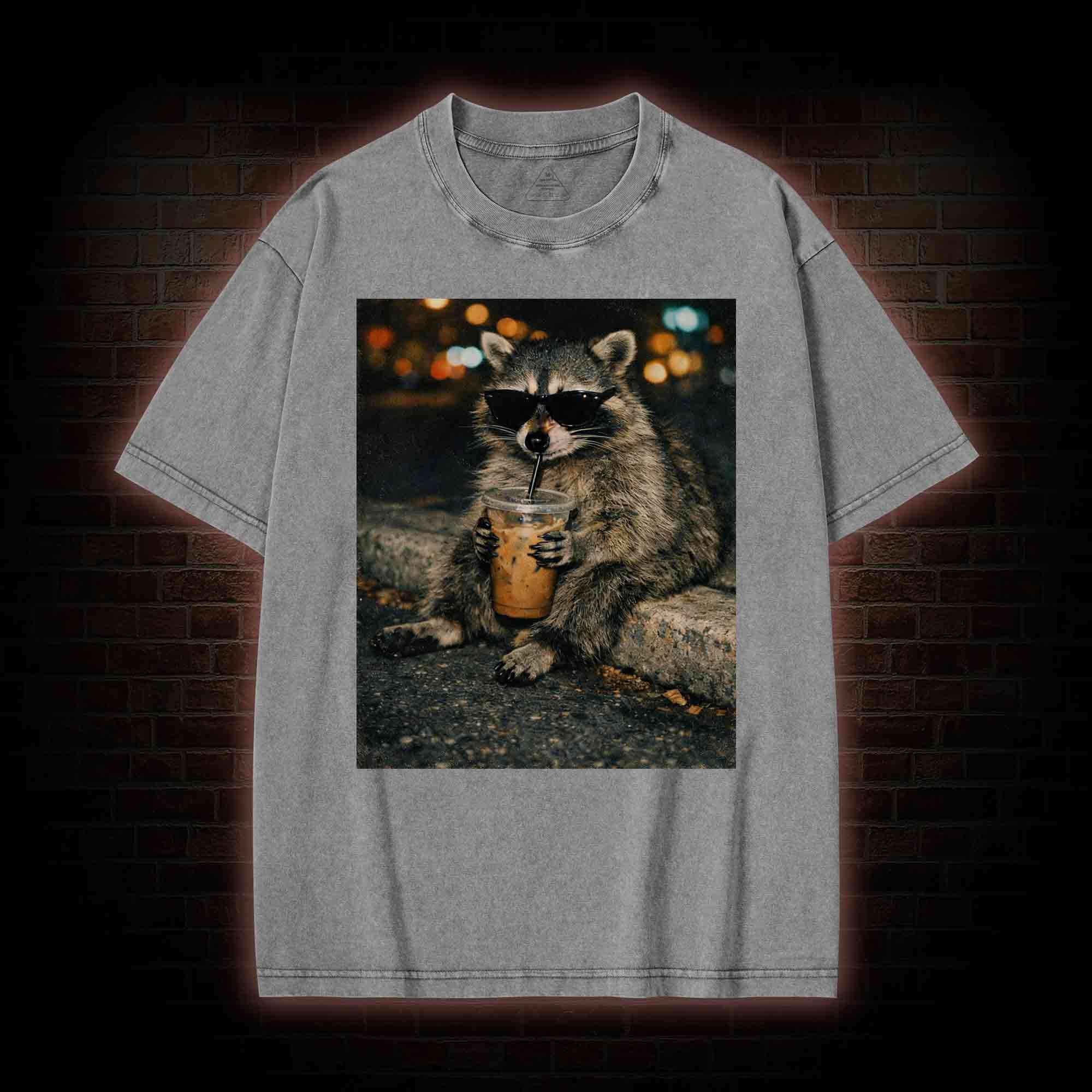 Funny Raccoon Drinking Iced Coffee Washed T-shirt