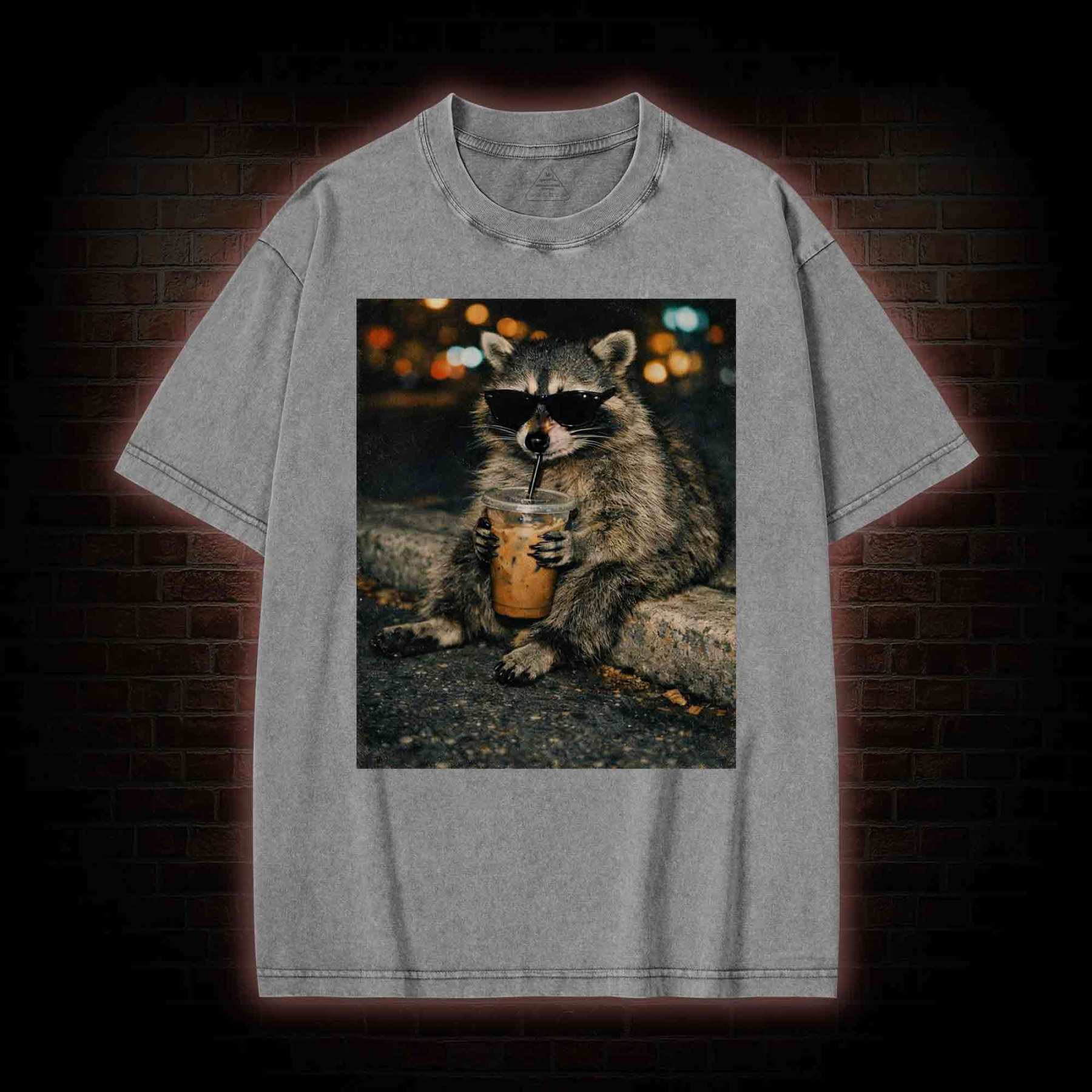Funny Raccoon Drinking Iced Coffee Washed T-shirt