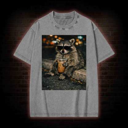 Funny Raccoon Drinking Iced Coffee Washed T-shirt
