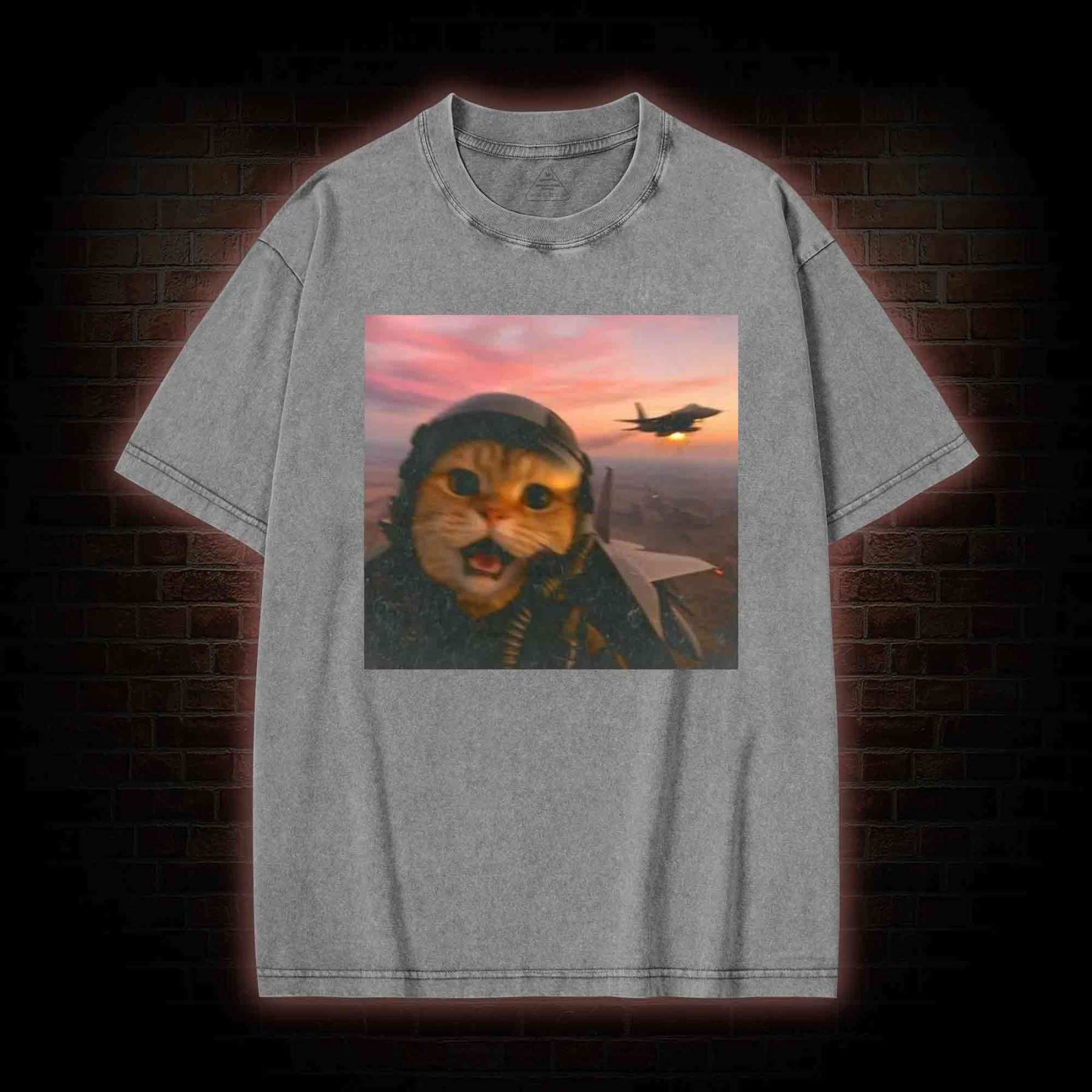 Funny Fighter Pilot Cat Washed T-shirt