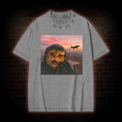 Funny Fighter Pilot Cat Washed T-shirt