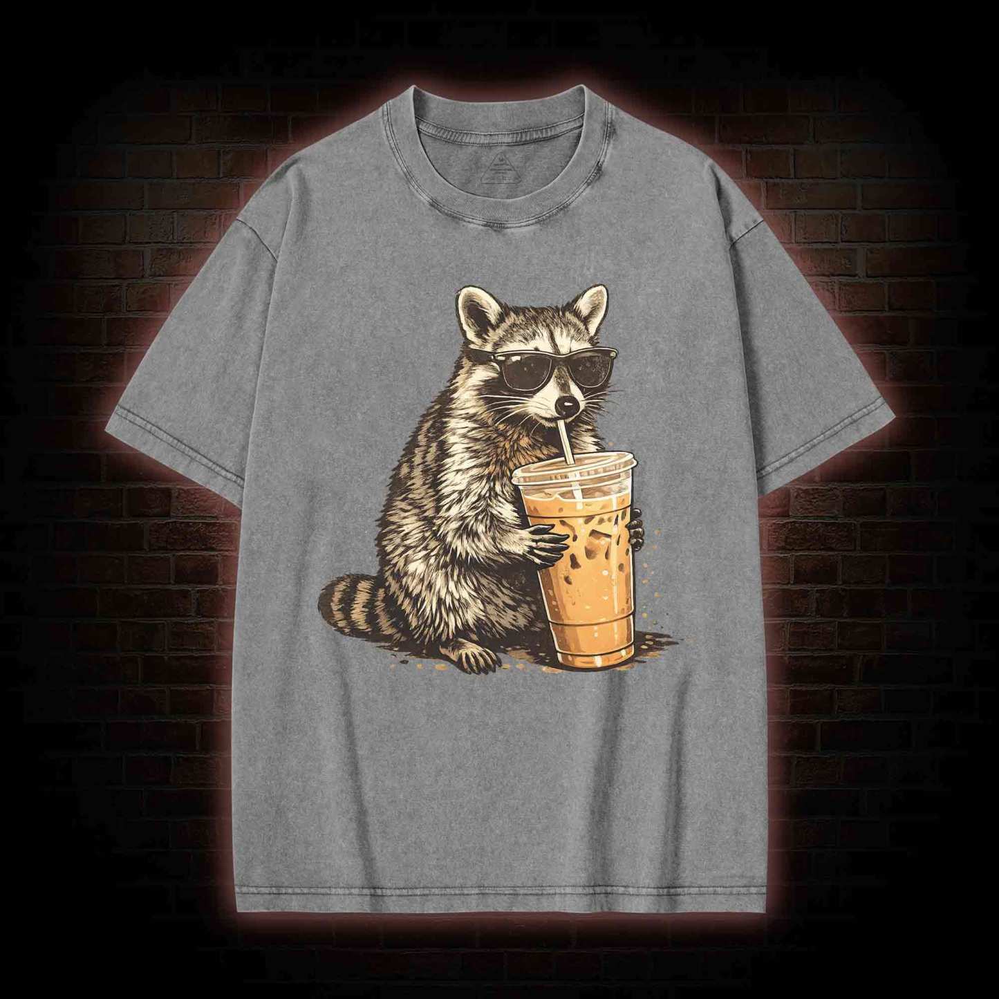 Raccoon Drinking Iced Coffee Washed T-shirt