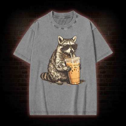 Raccoon Drinking Iced Coffee Washed T-shirt