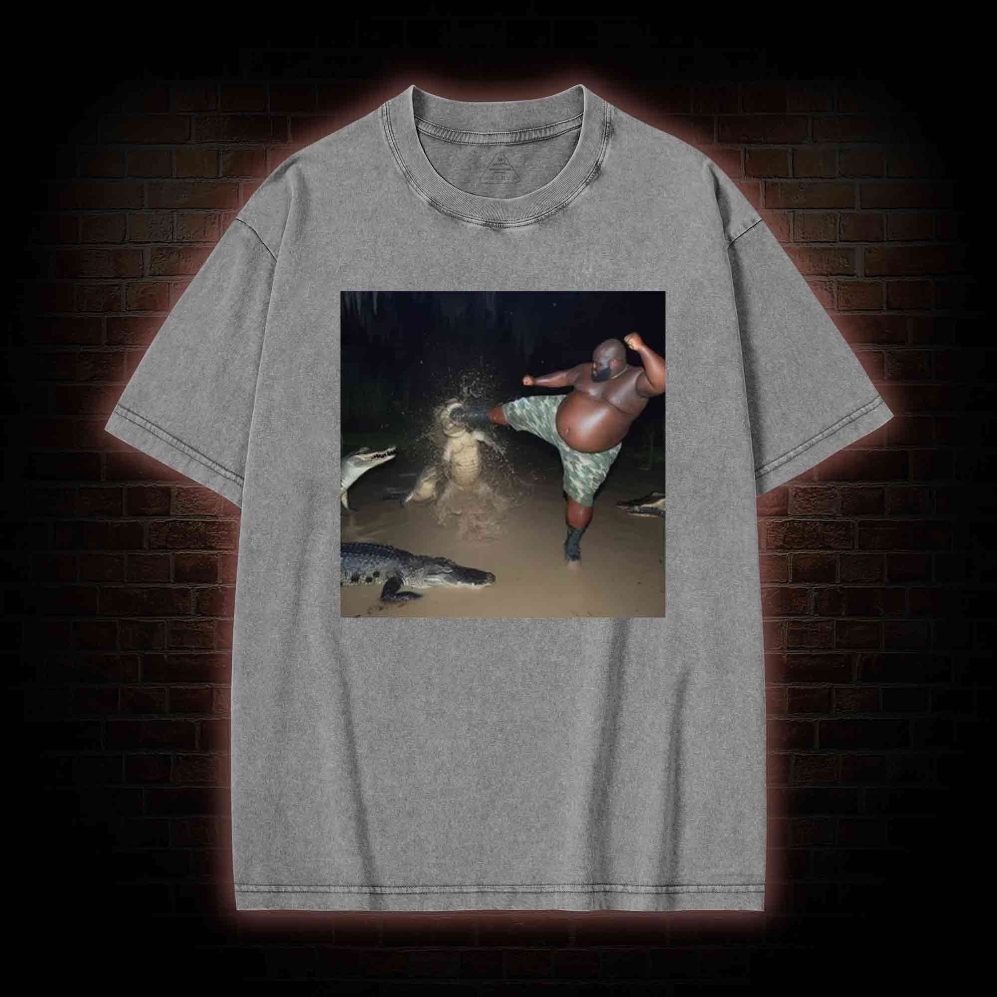 Black Guy Kick Alligator in Swamp Washed T-shirt