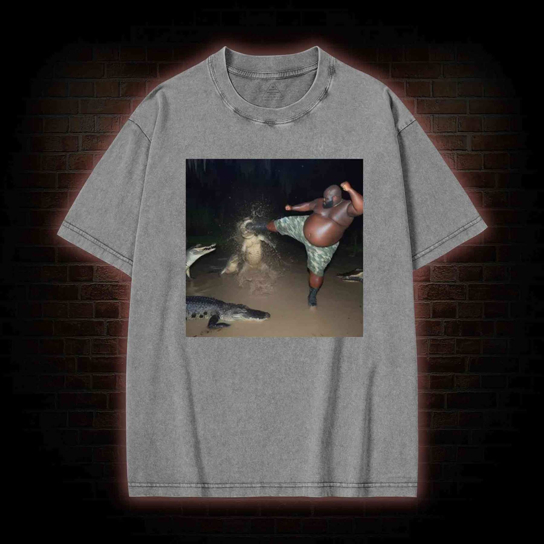 Black Guy Kick Alligator in Swamp Washed T-shirt