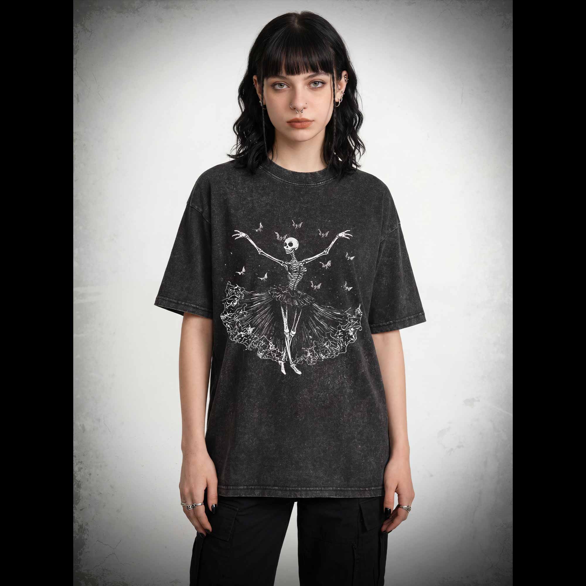 Floral Ballerina with Bats Skeleton Washed T-shirt