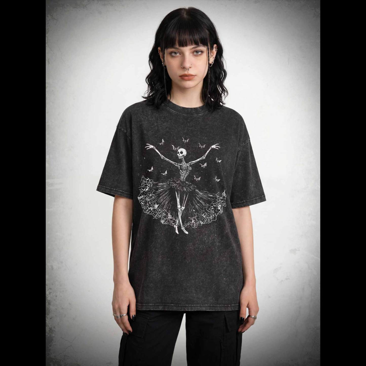 Floral Ballerina with Bats Skeleton Washed T-shirt