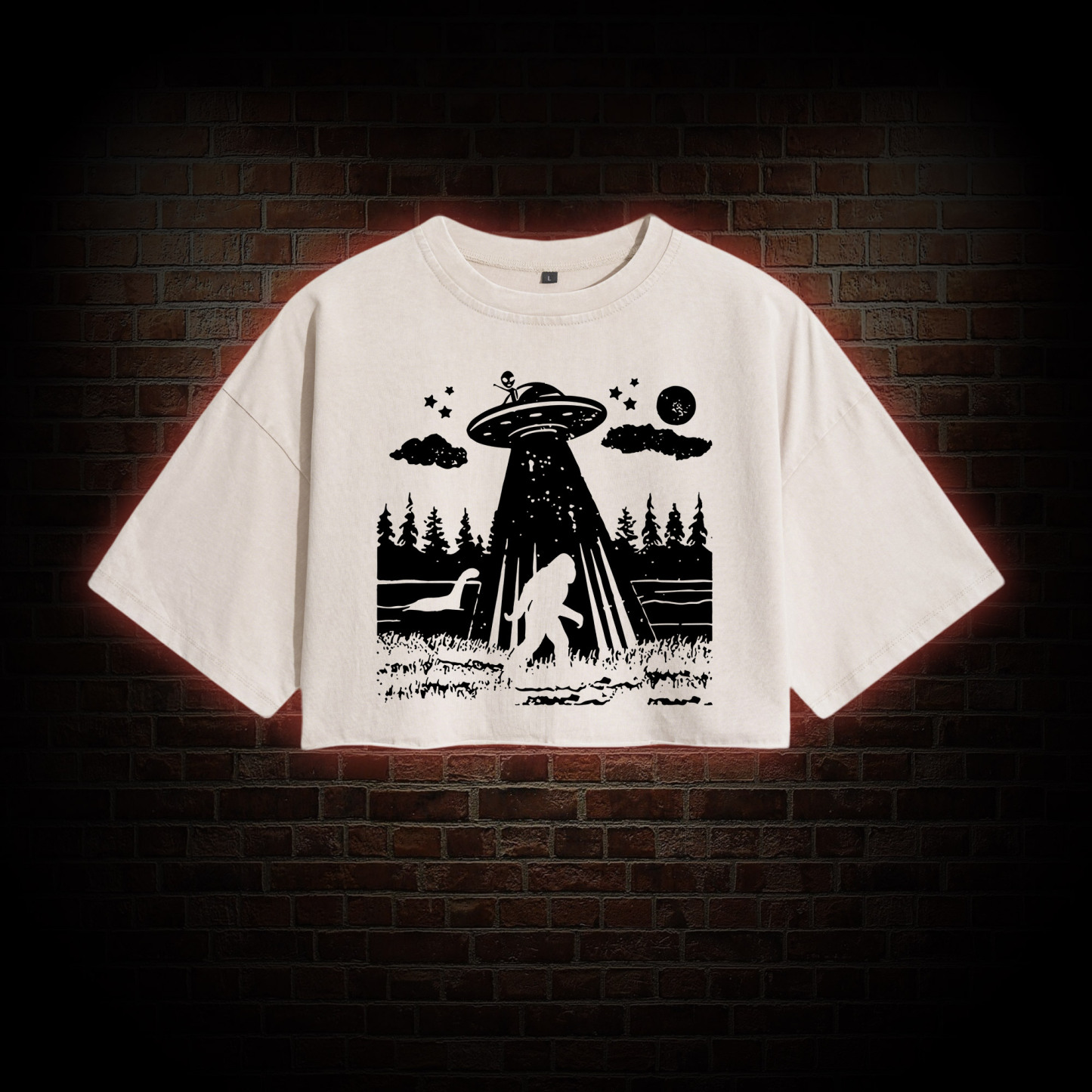 Bigfoot Sasquatch Alien UFO Loch Ness Monster Washed Cropped T-shirts