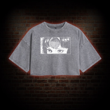 Creepy Girl Eyes, Spiral Horror Manga Washed Cropped T-shirts