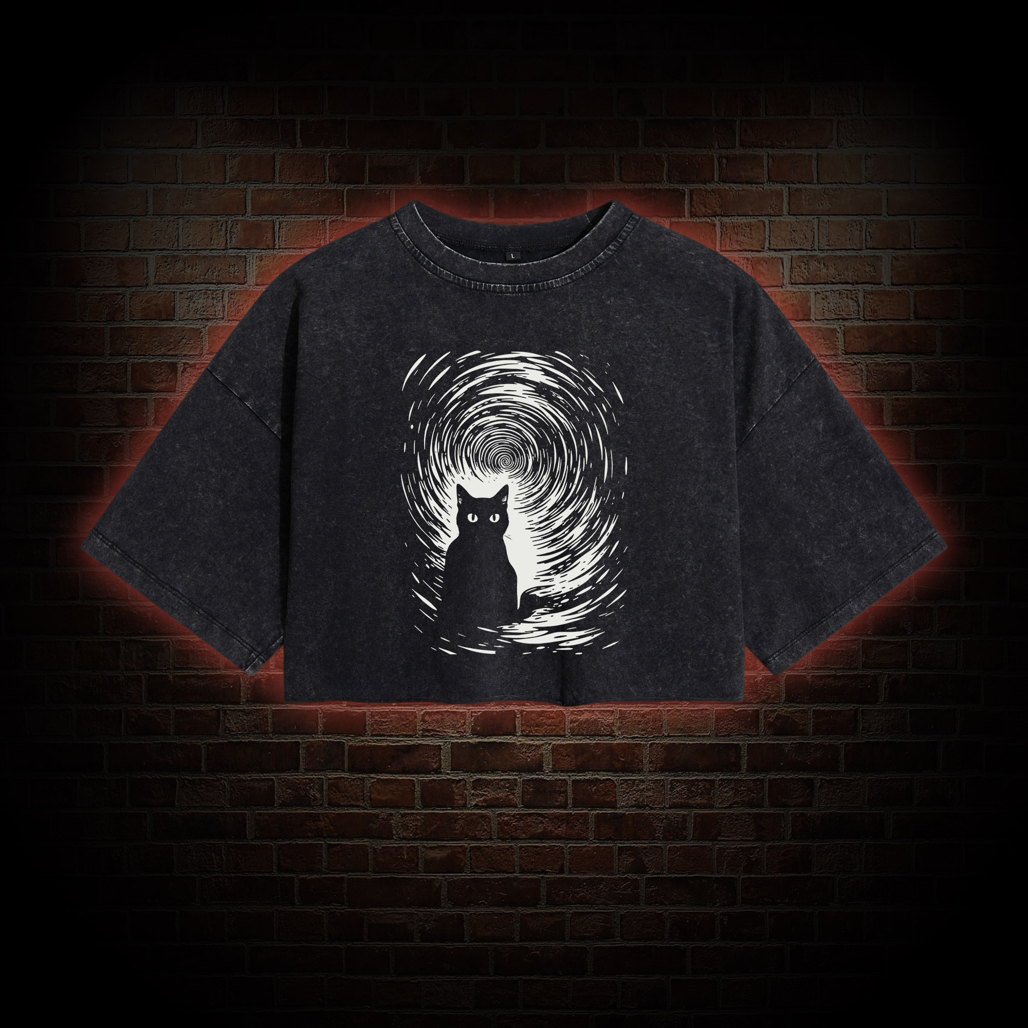 Retro Black Cat Washed Cropped T-shirts