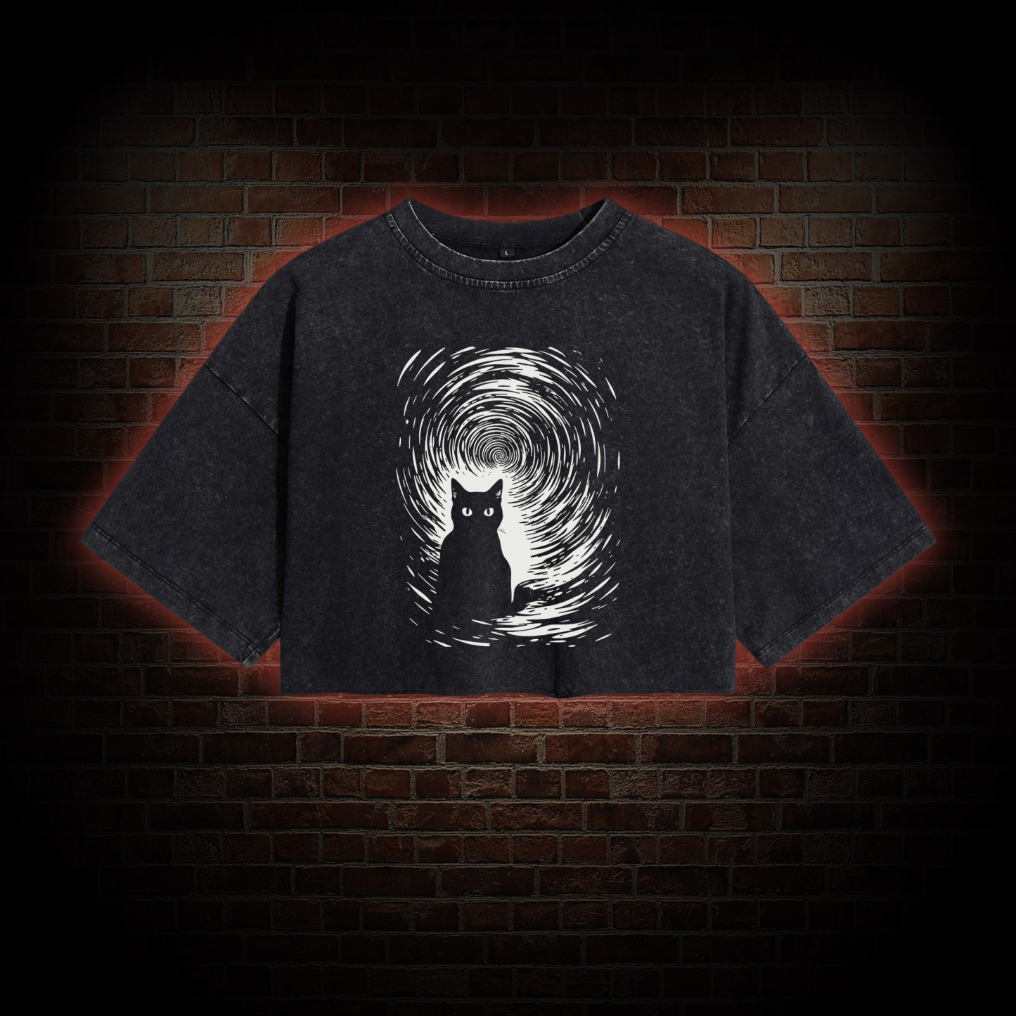 Retro Black Cat Washed Cropped T-shirts