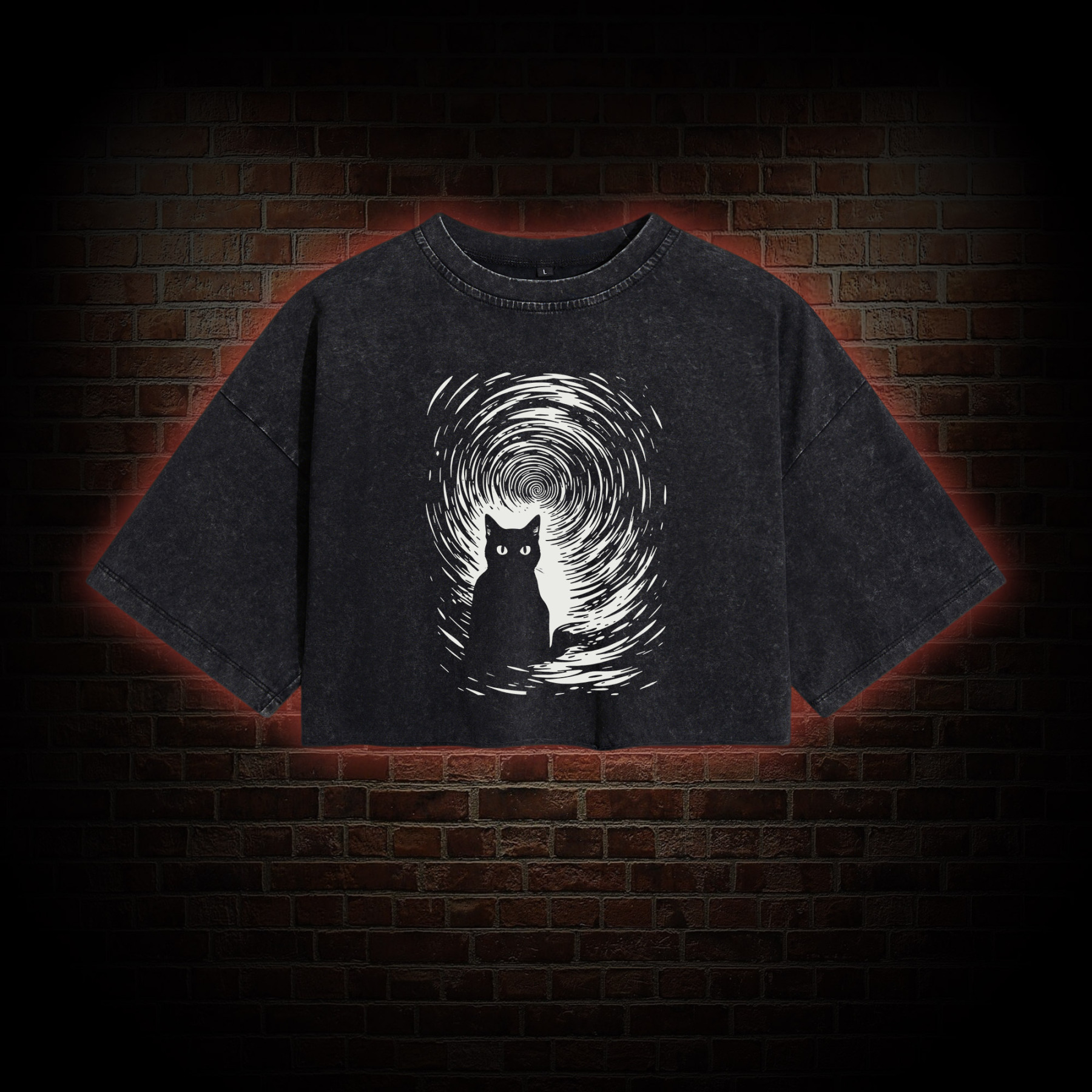 Retro Black Cat Washed Cropped T-shirts