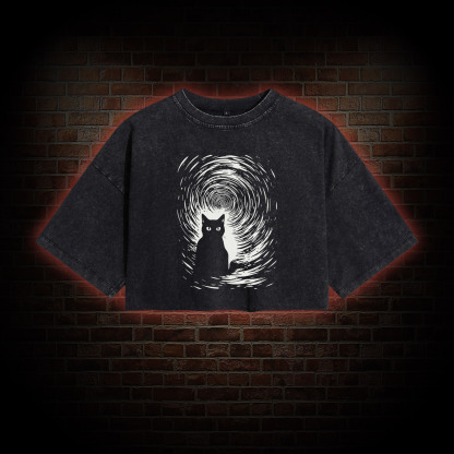 Retro Black Cat Washed Cropped T-shirts