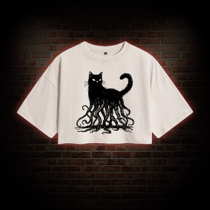 Octopus and Black Cat Washed Cropped T-shirts