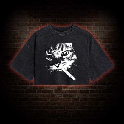 Funny Cat Meme Washed Cropped T-shirts