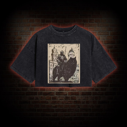 Knight Cat Rider Vintage Washed Cropped T-shirts