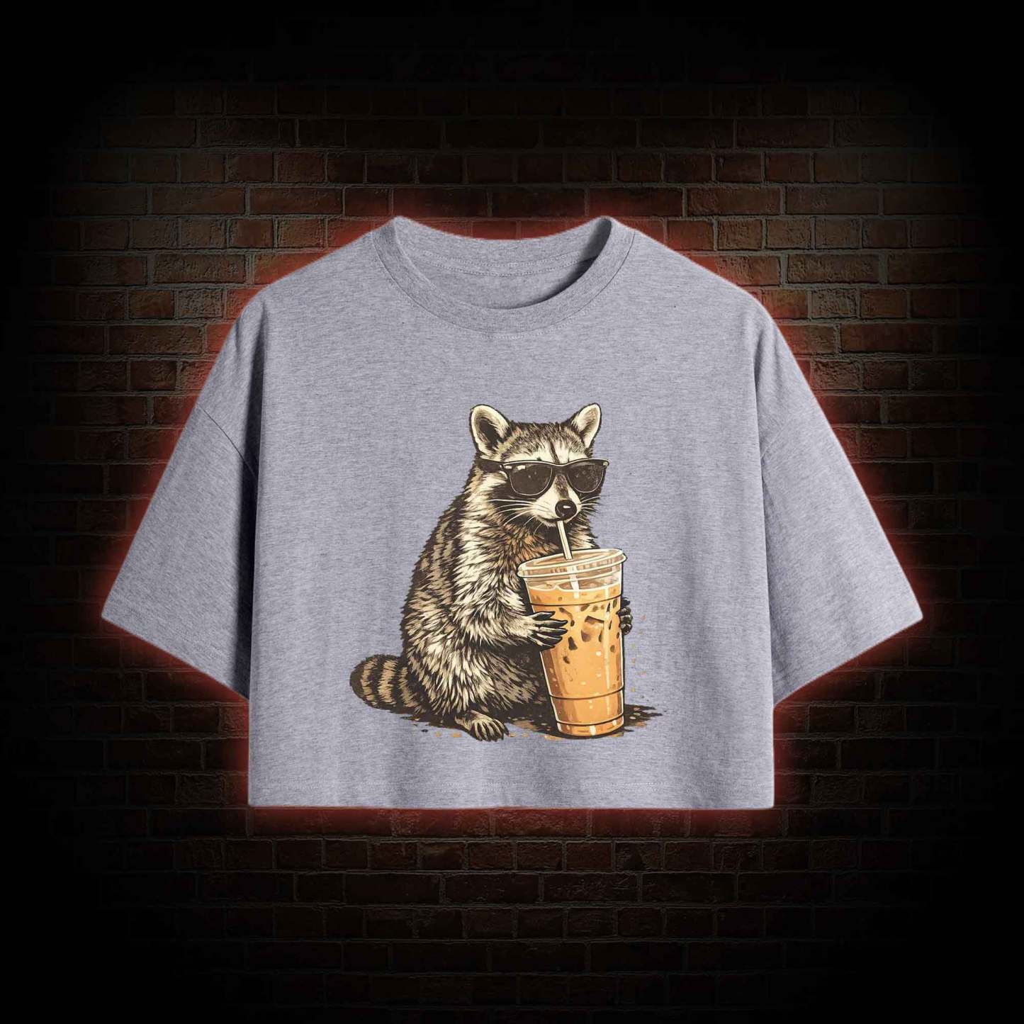 Raccoon Drinking Iced Coffee Crop Top