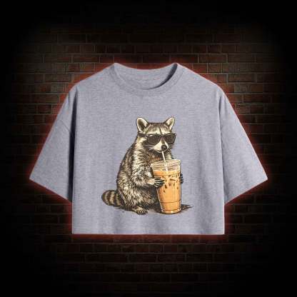 Raccoon Drinking Iced Coffee Crop Top