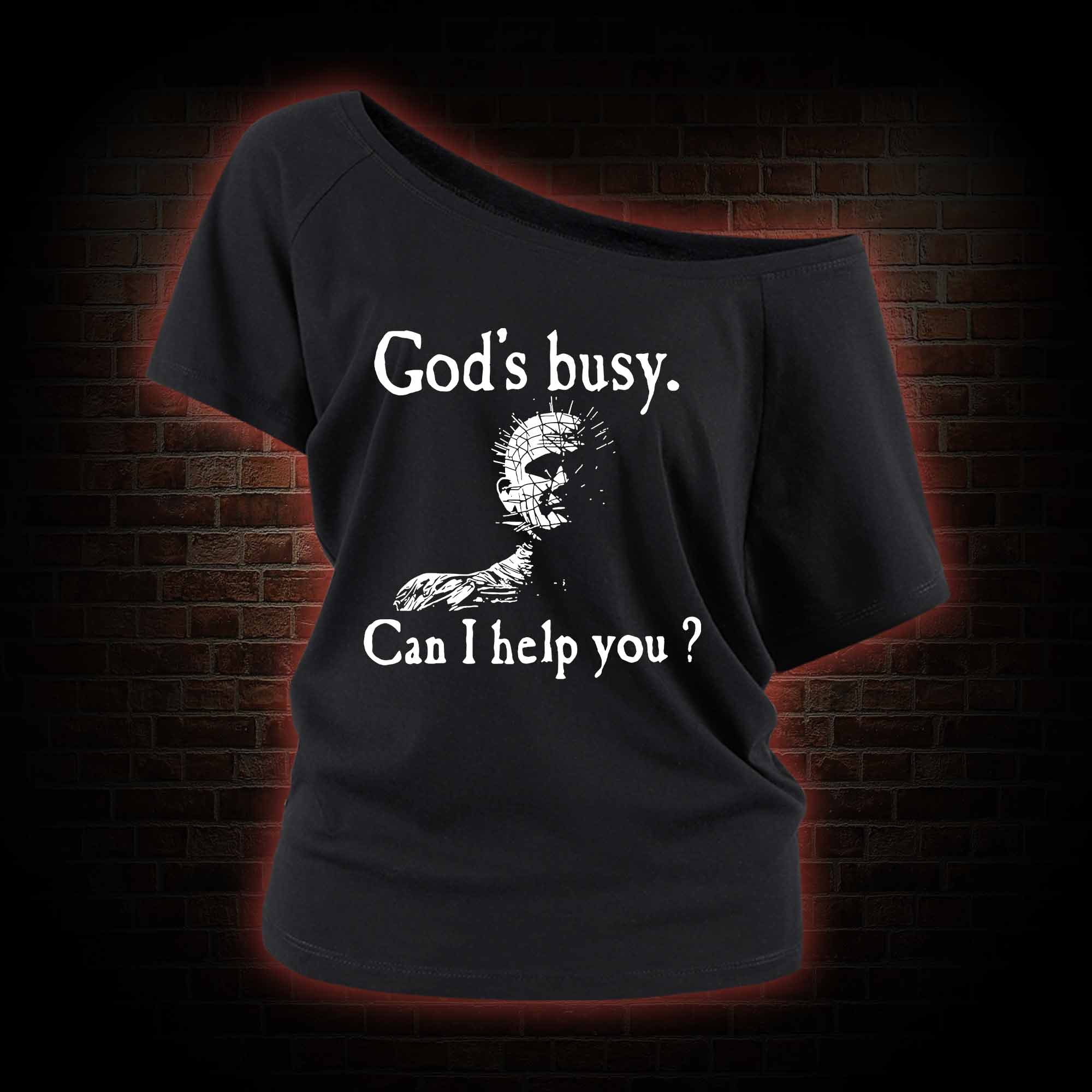 God’s Busy Can I Help You Off Shoulder T-shirts