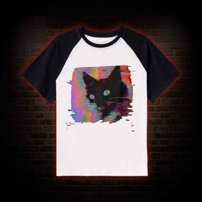 Psychedelic Weirdcore Cat Raglan T-shirt