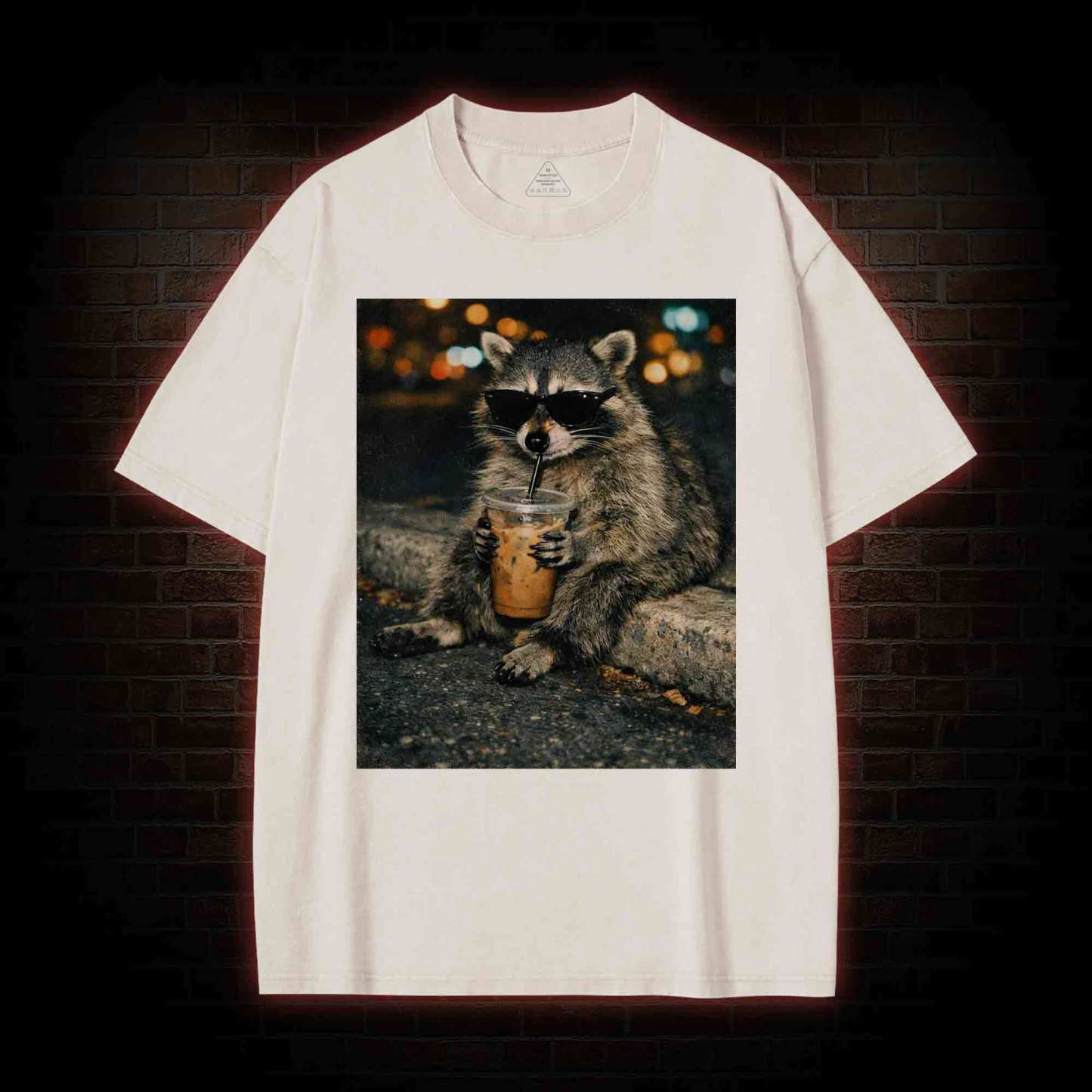 Funny Raccoon Drinking Iced Coffee Washed T-shirt