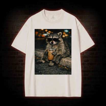 Funny Raccoon Drinking Iced Coffee Washed T-shirt