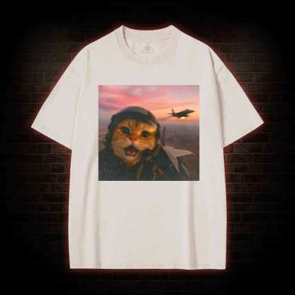 Funny Fighter Pilot Cat Washed T-shirt