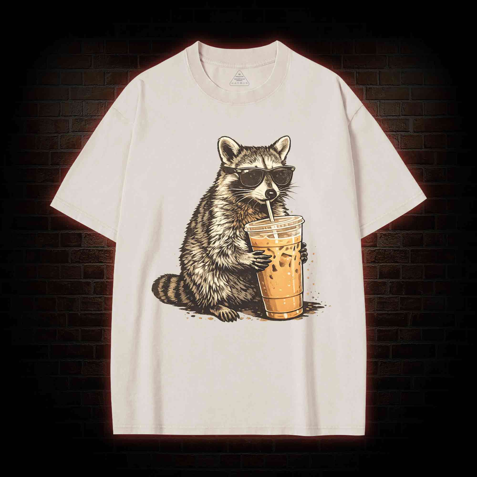 Raccoon Drinking Iced Coffee Washed T-shirt