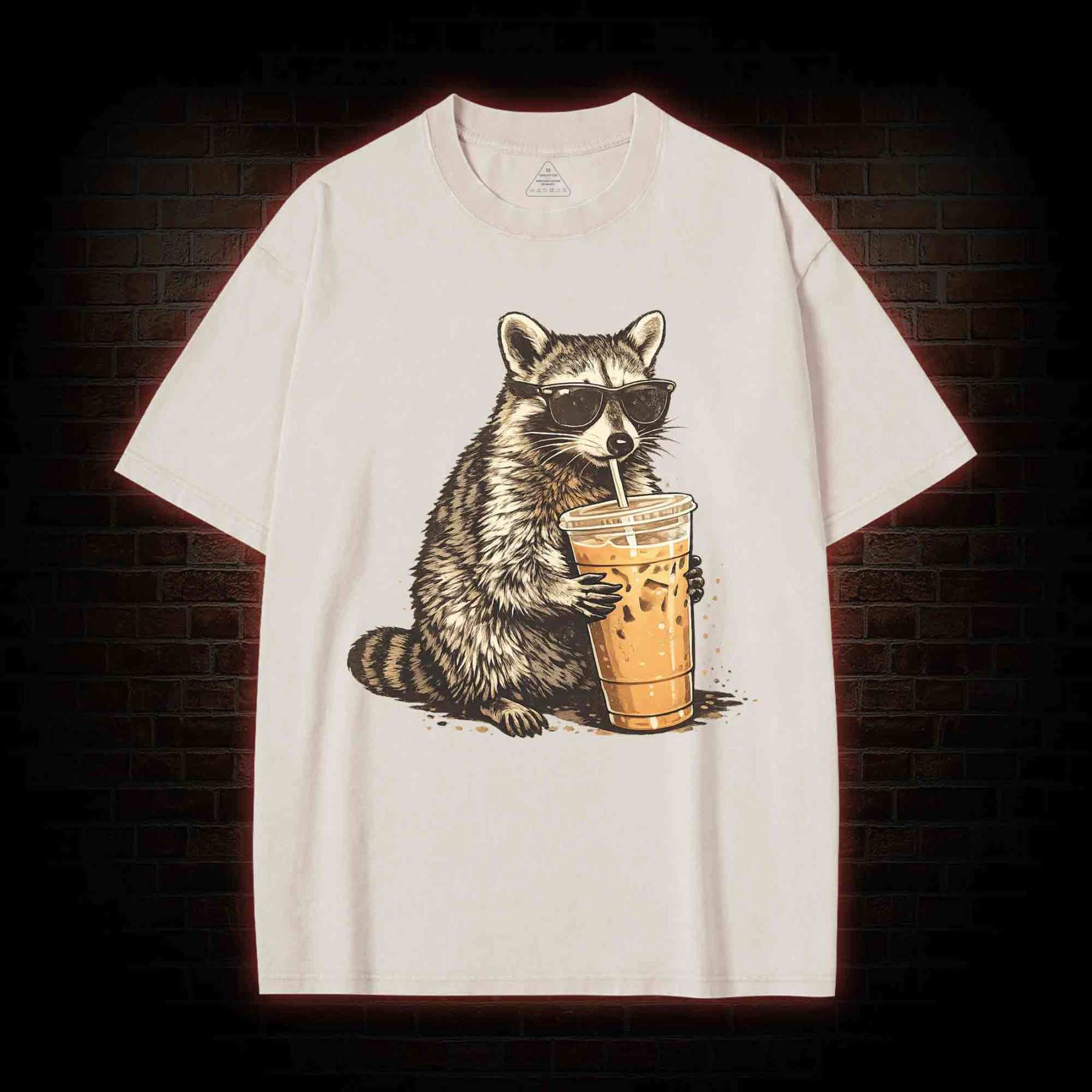 Raccoon Drinking Iced Coffee Washed T-shirt