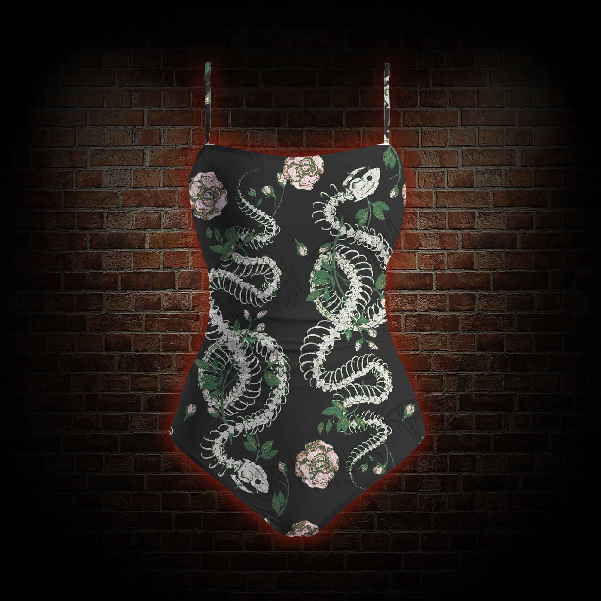 Flowers and Snake Skeleton Slim-Strap Swimsuit