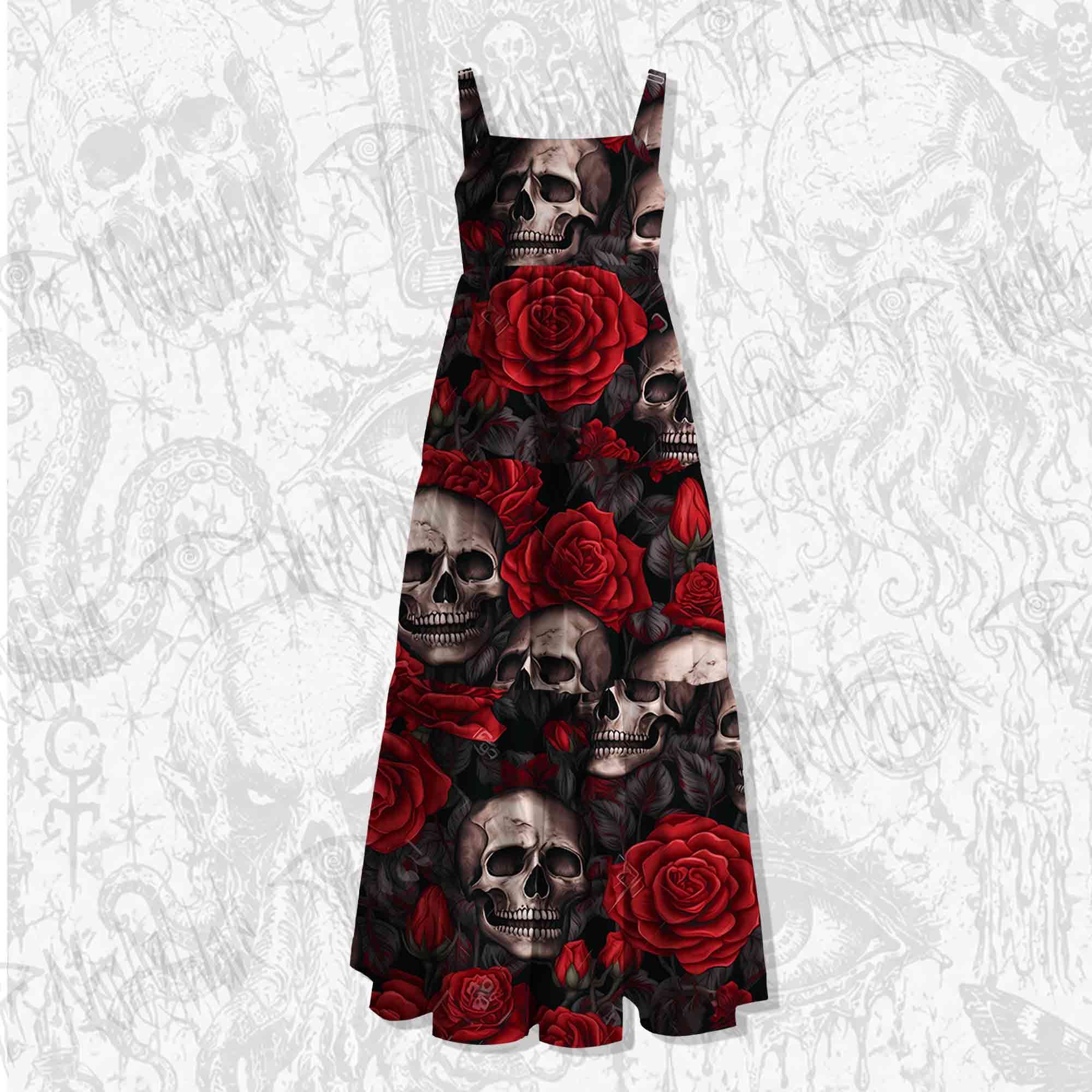 Skull and Roses Spaghetti Strap Long Dress