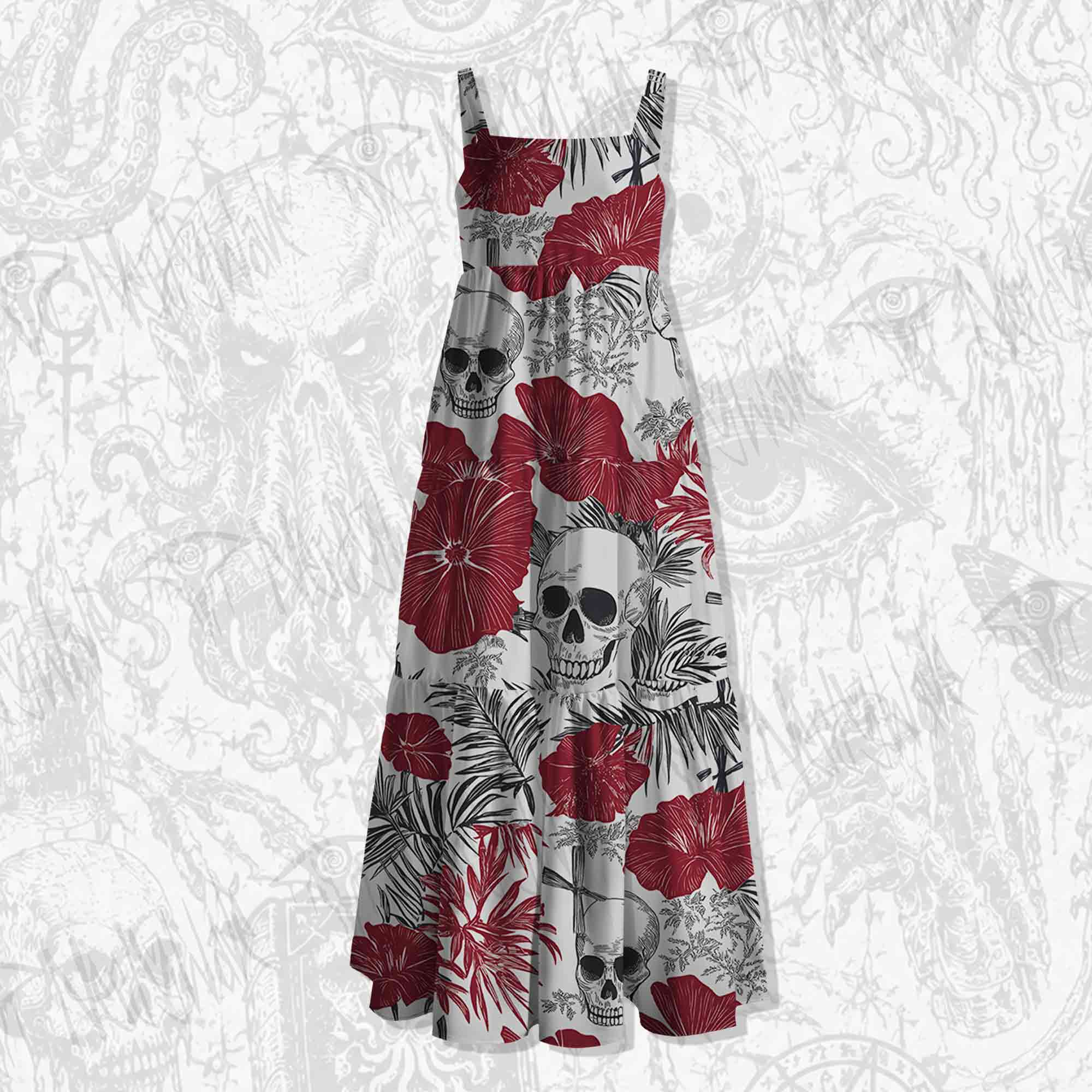 Poppy and Skull Spaghetti Strap Long Dress