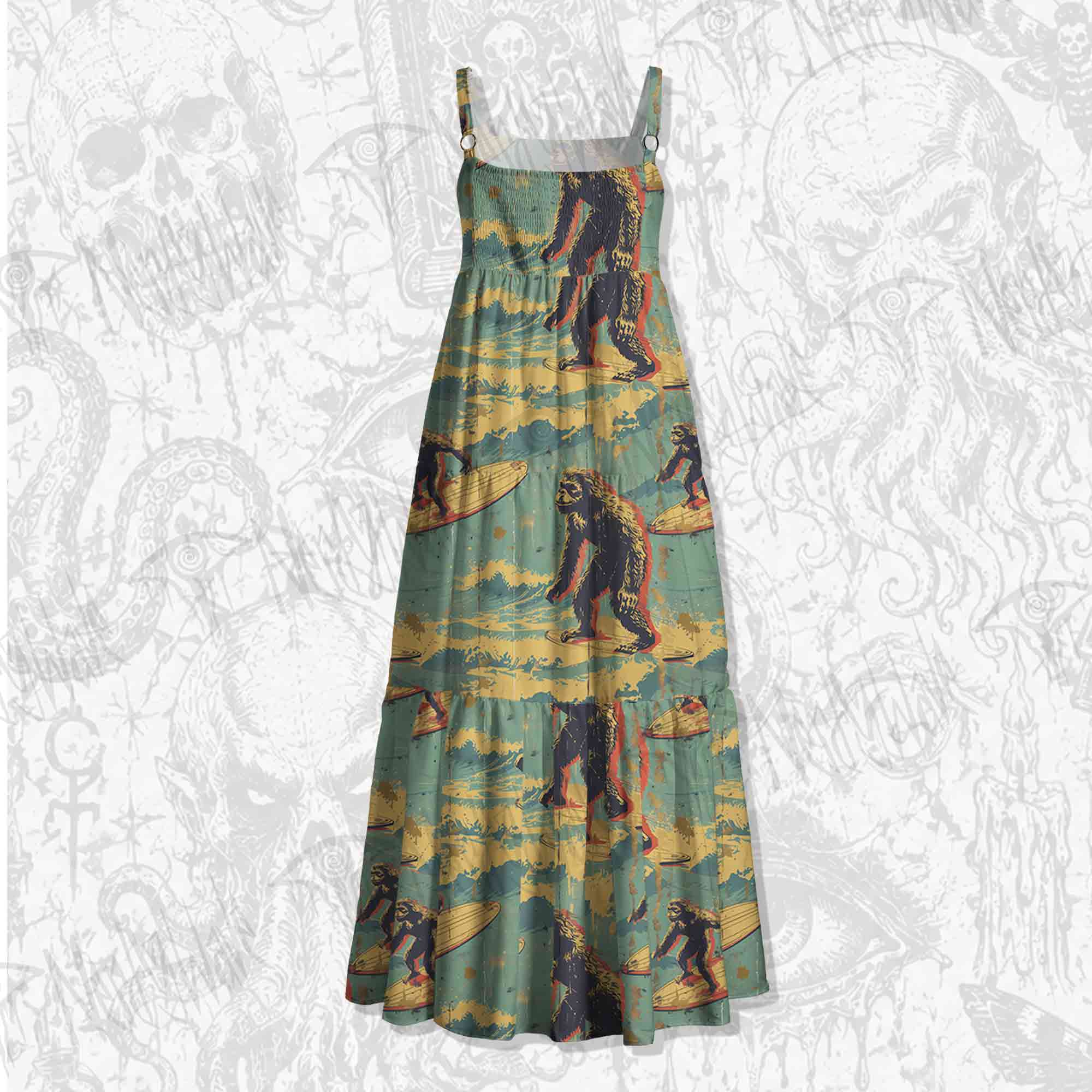 Bigfoot Surfing Spaghetti Strap Long Dress