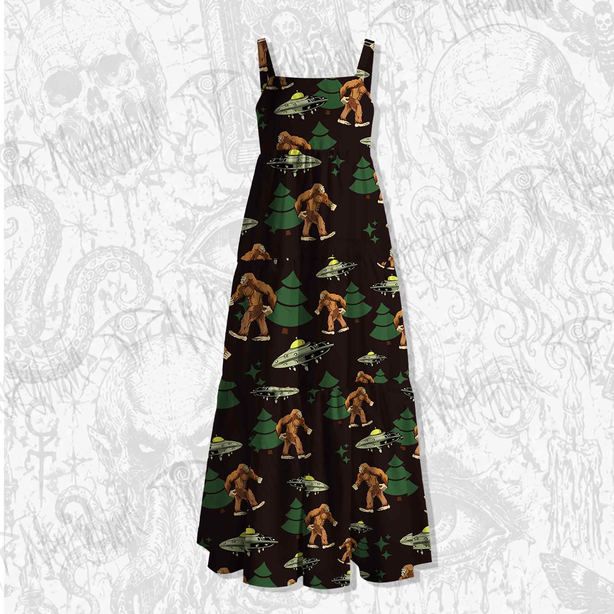 Bigfoot and UFO Spaghetti Strap Long Dress