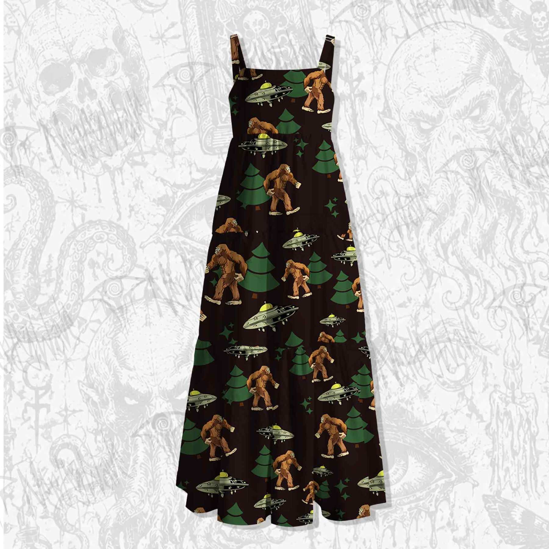 Bigfoot and UFO Spaghetti Strap Long Dress