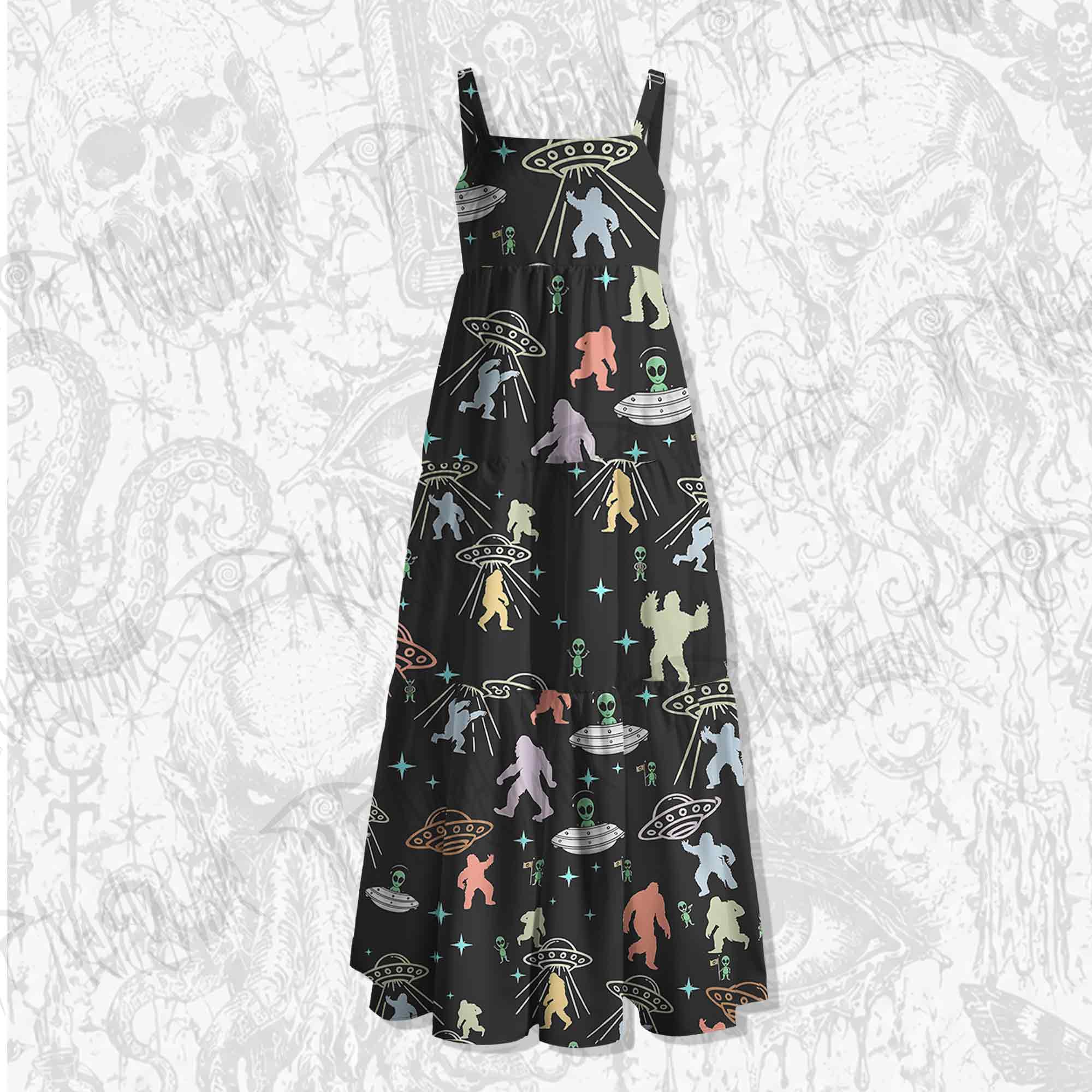 Bigfoot and Alien Party Spaghetti Strap Long Dress