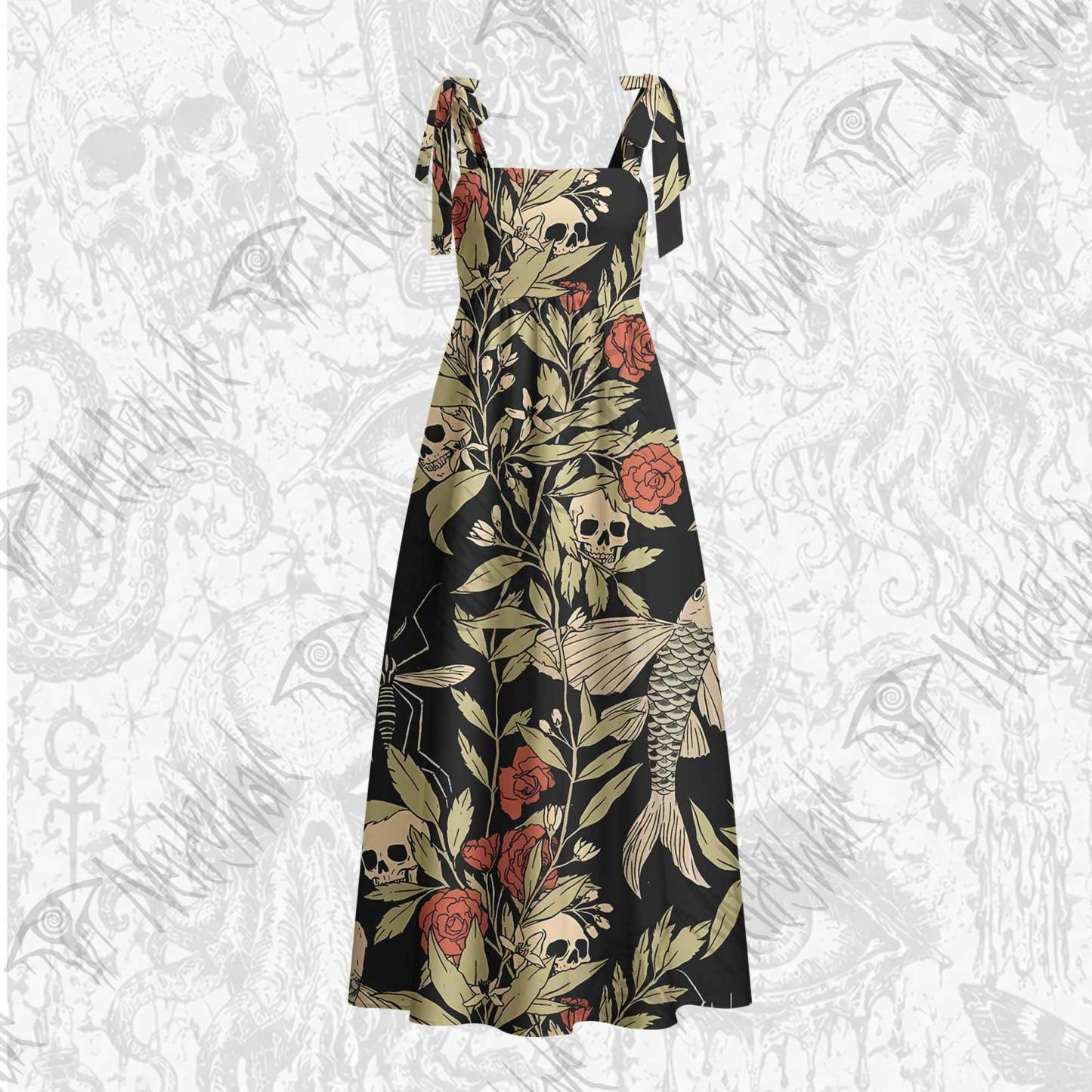Skull and Flying Fish Tie Shoulder Maxi Dress