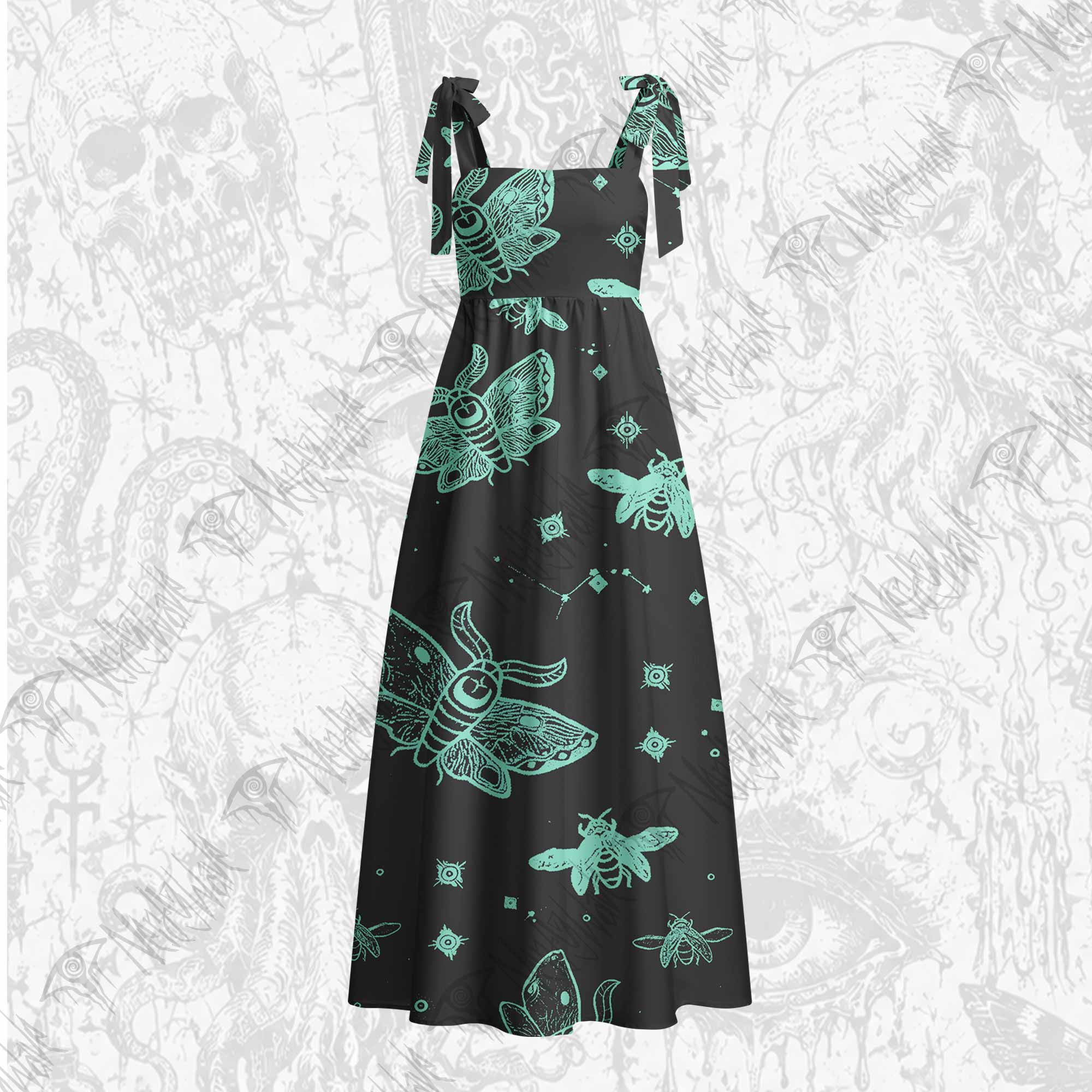 Midnight Flying Insect Tie Shoulder Maxi Dress