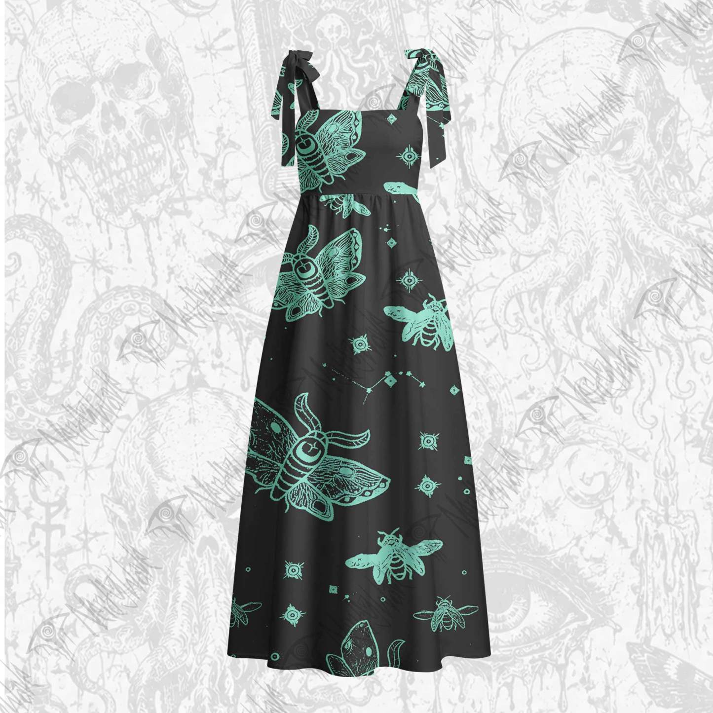 Midnight Flying Insect Tie Shoulder Maxi Dress