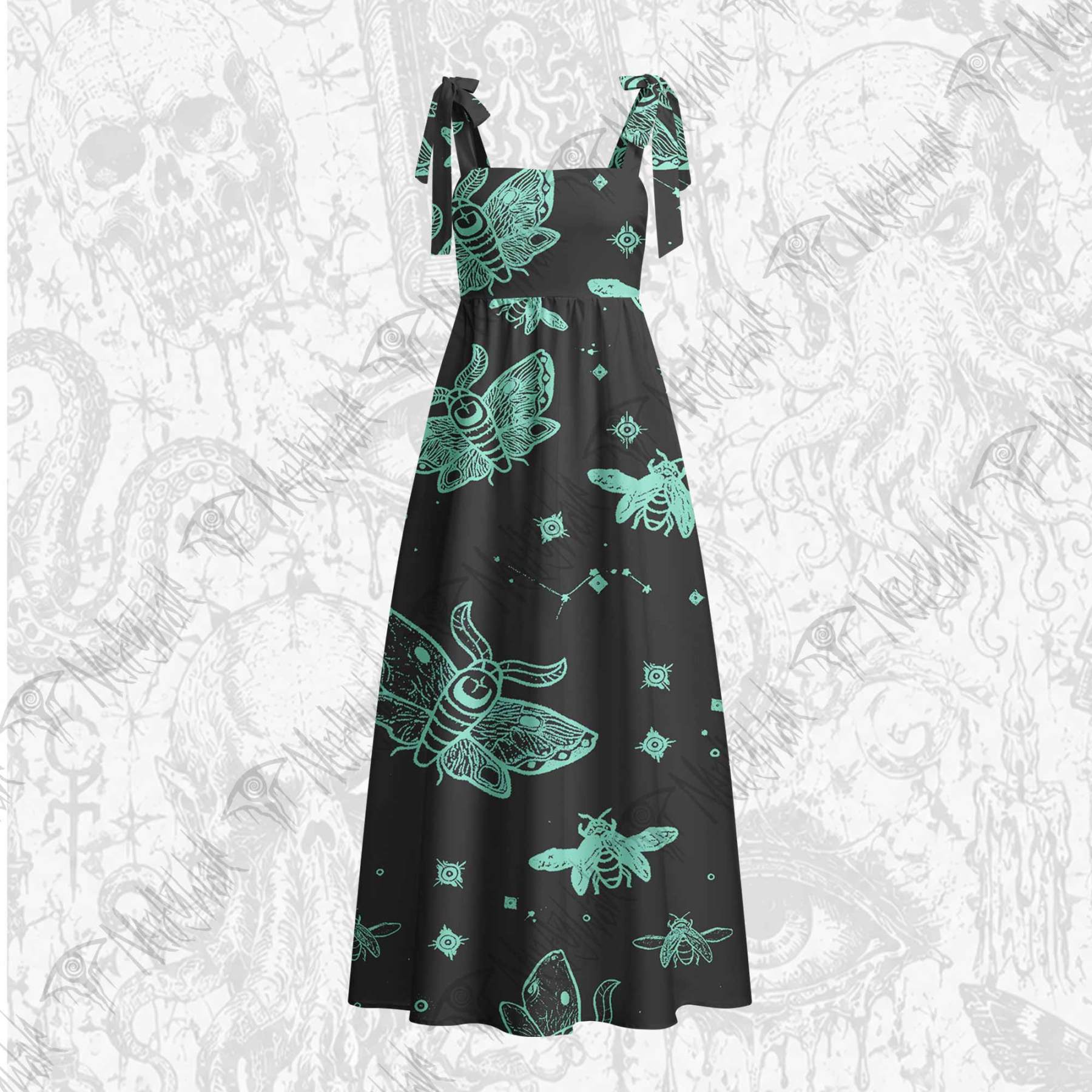 Midnight Flying Insect Tie Shoulder Maxi Dress