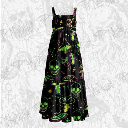 Neon Green Skulls Wide Straps Maxi Dress