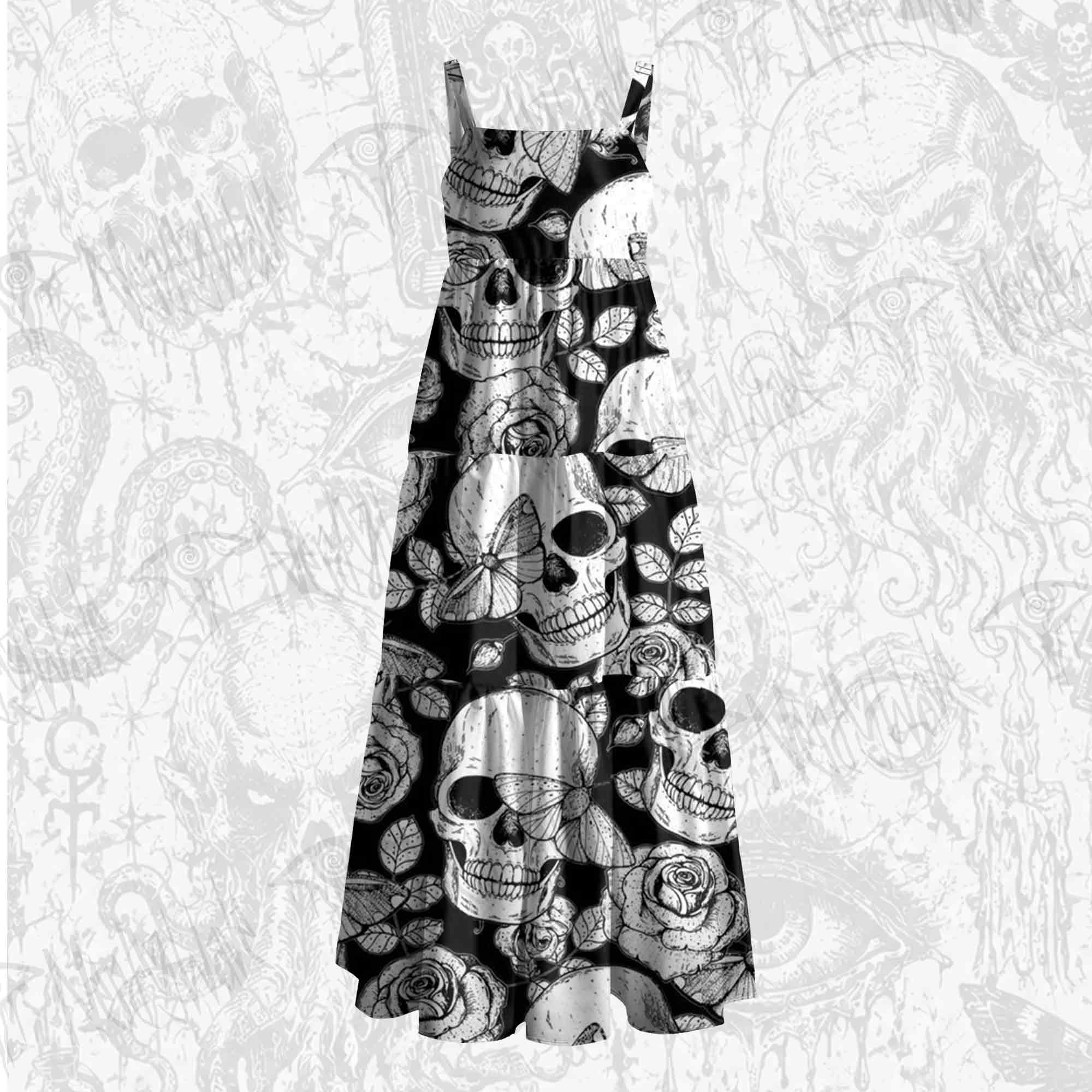 Skull Roses Wide Straps Maxi Dress