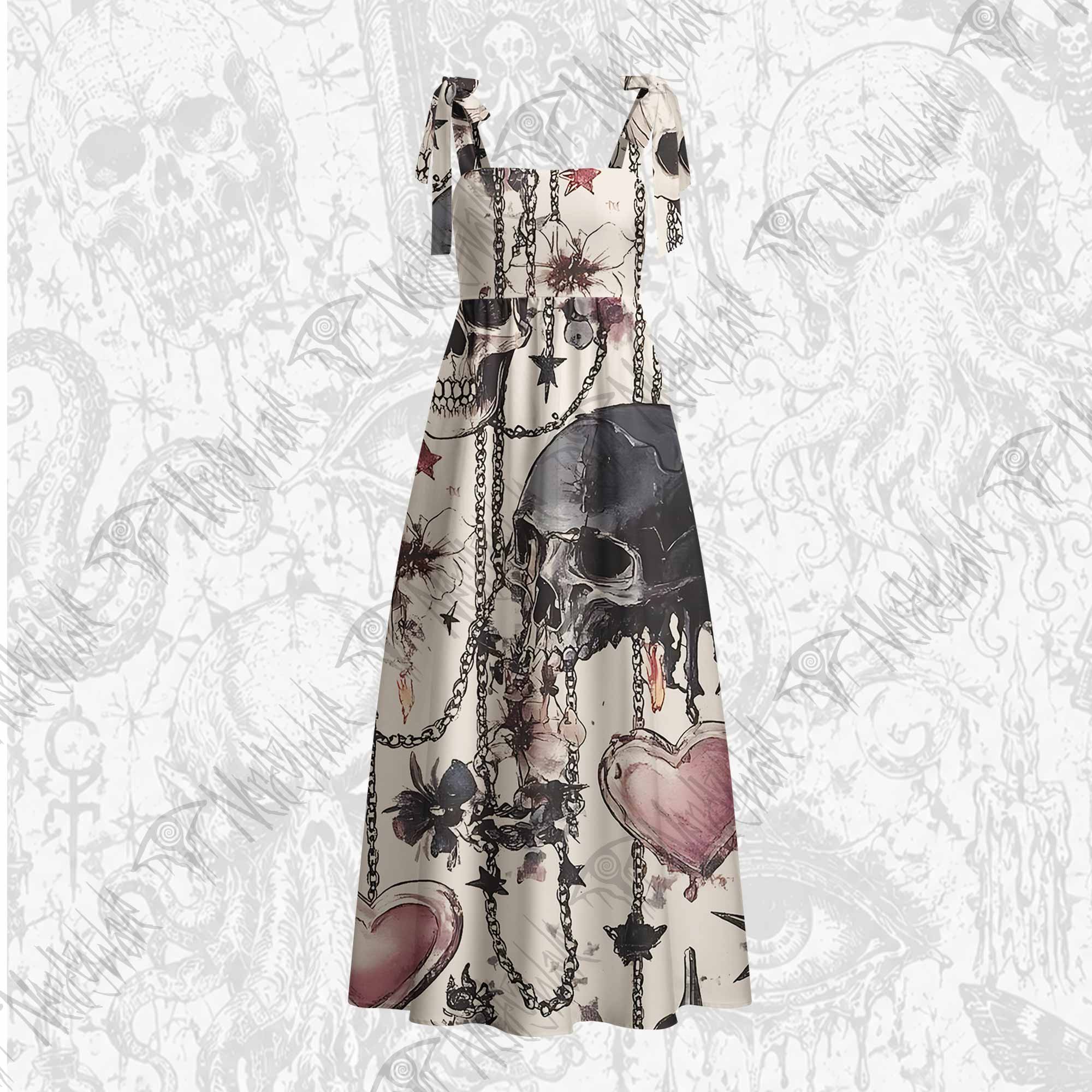 Skull & Heart Tie Shoulder Maxi Dress
