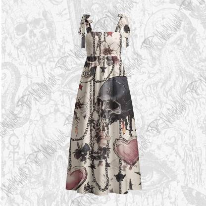 Skull & Heart Tie Shoulder Maxi Dress