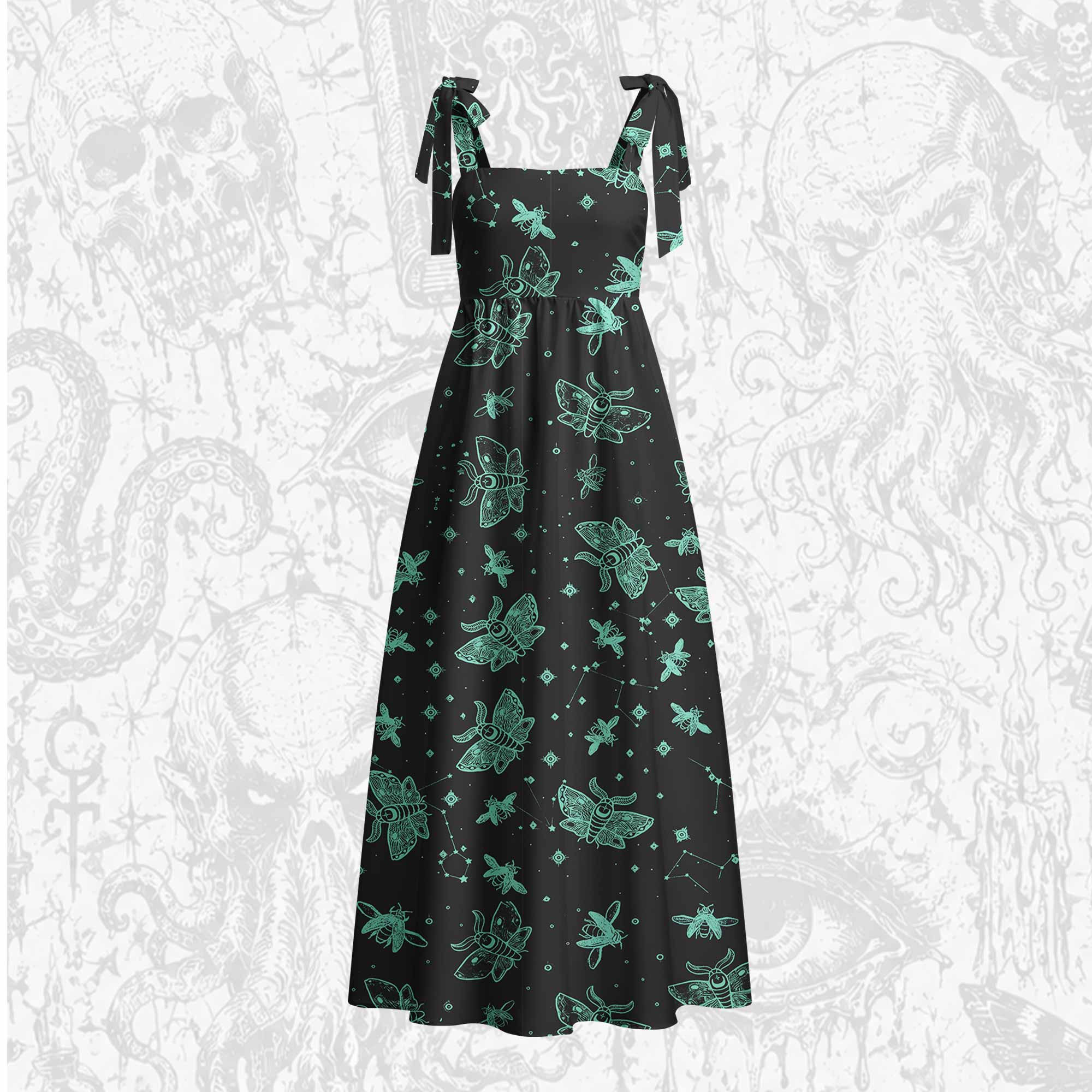 Midnight Flying Insect Tie Shoulder Maxi Dress