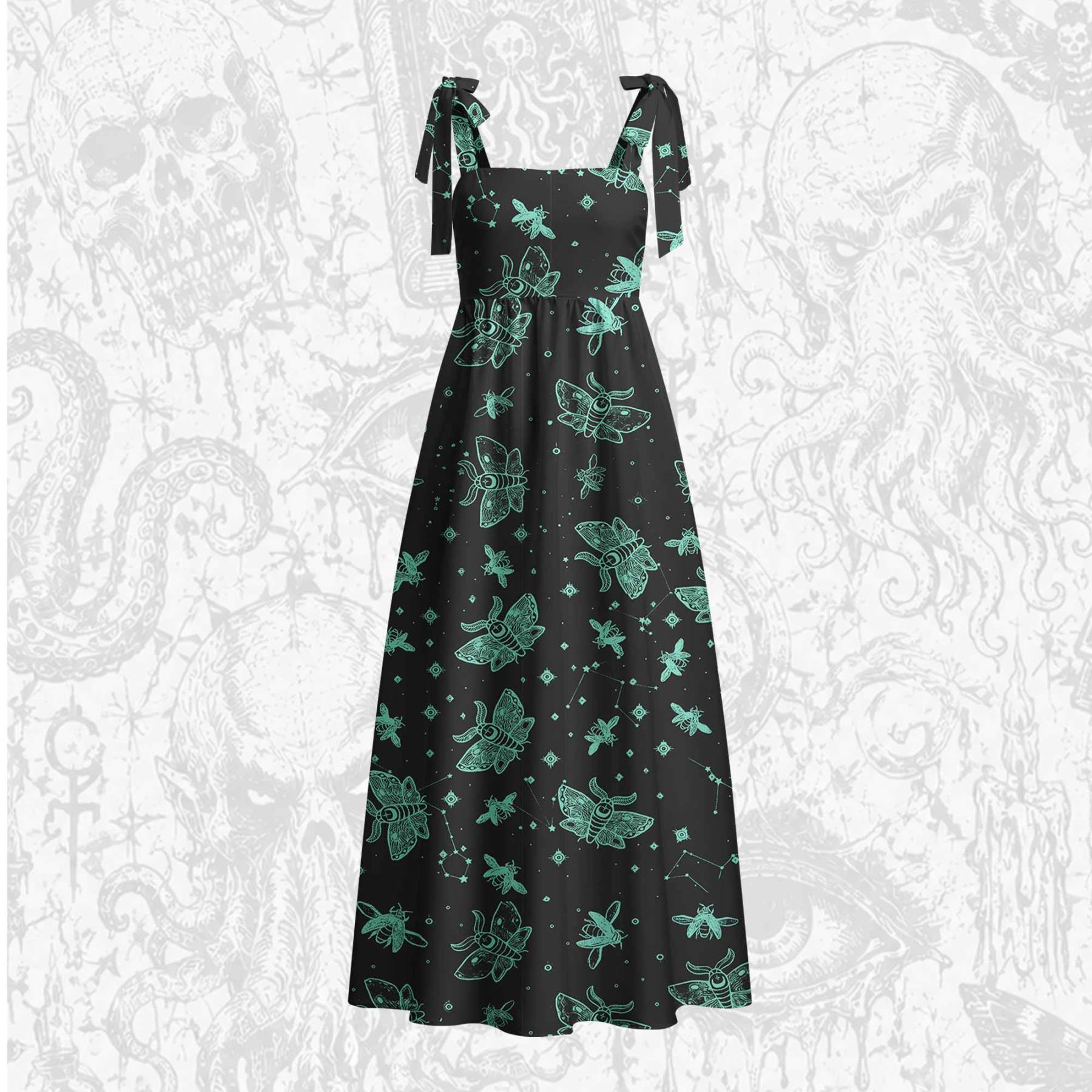 Midnight Flying Insect Tie Shoulder Maxi Dress