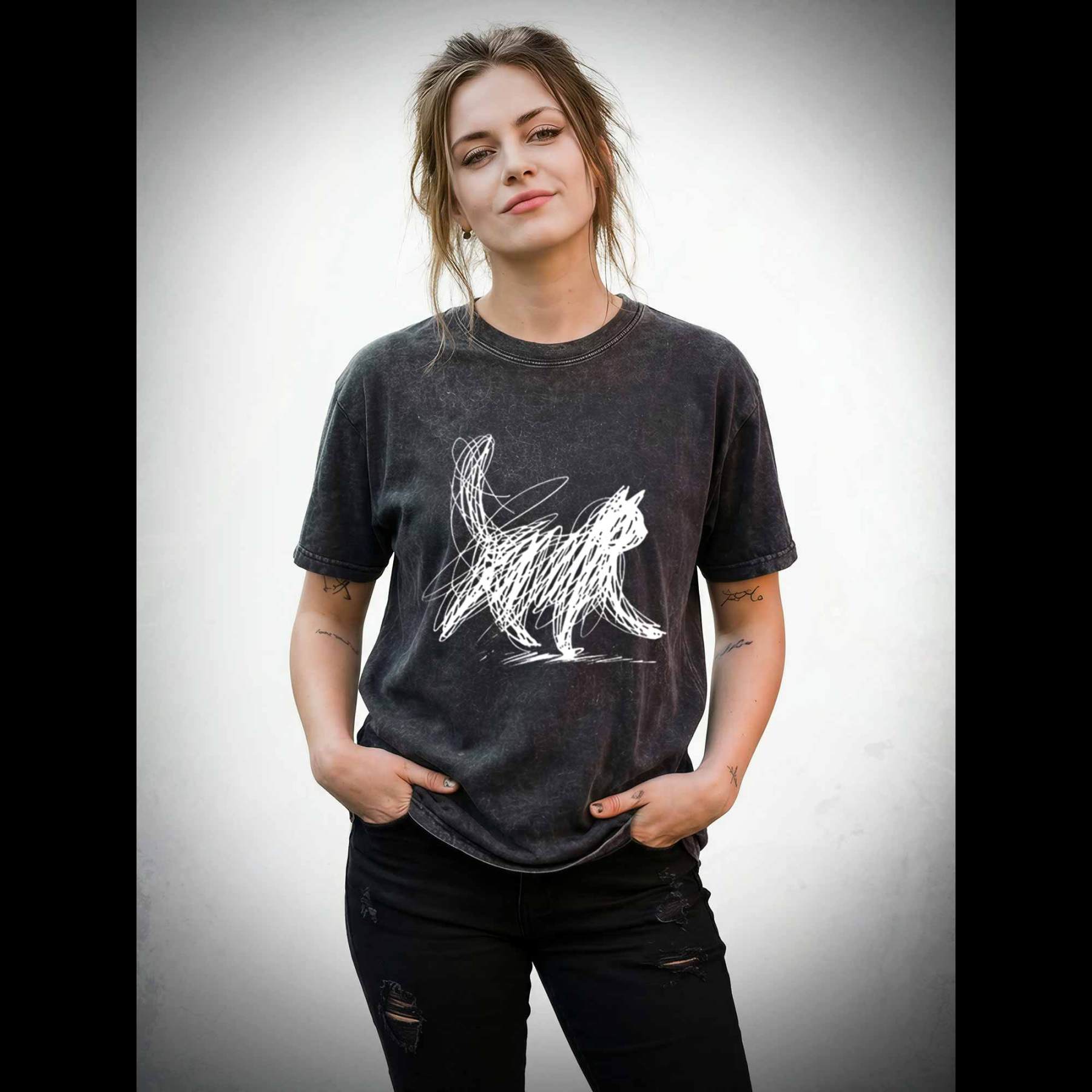Cat Line Art Washed T-shirt